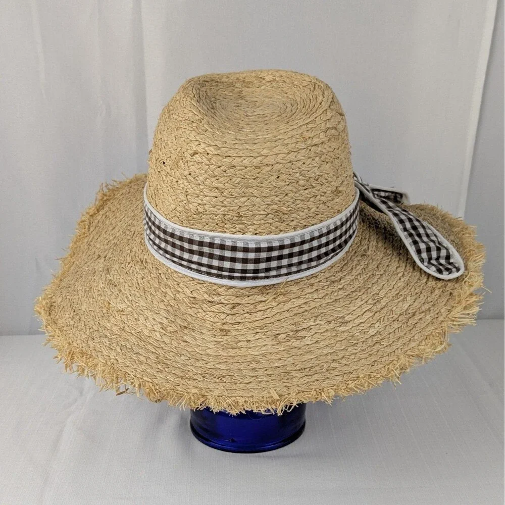 POL Womens Wide Brim Raffia Straw Hat Brown White Gingham Ribbon Band